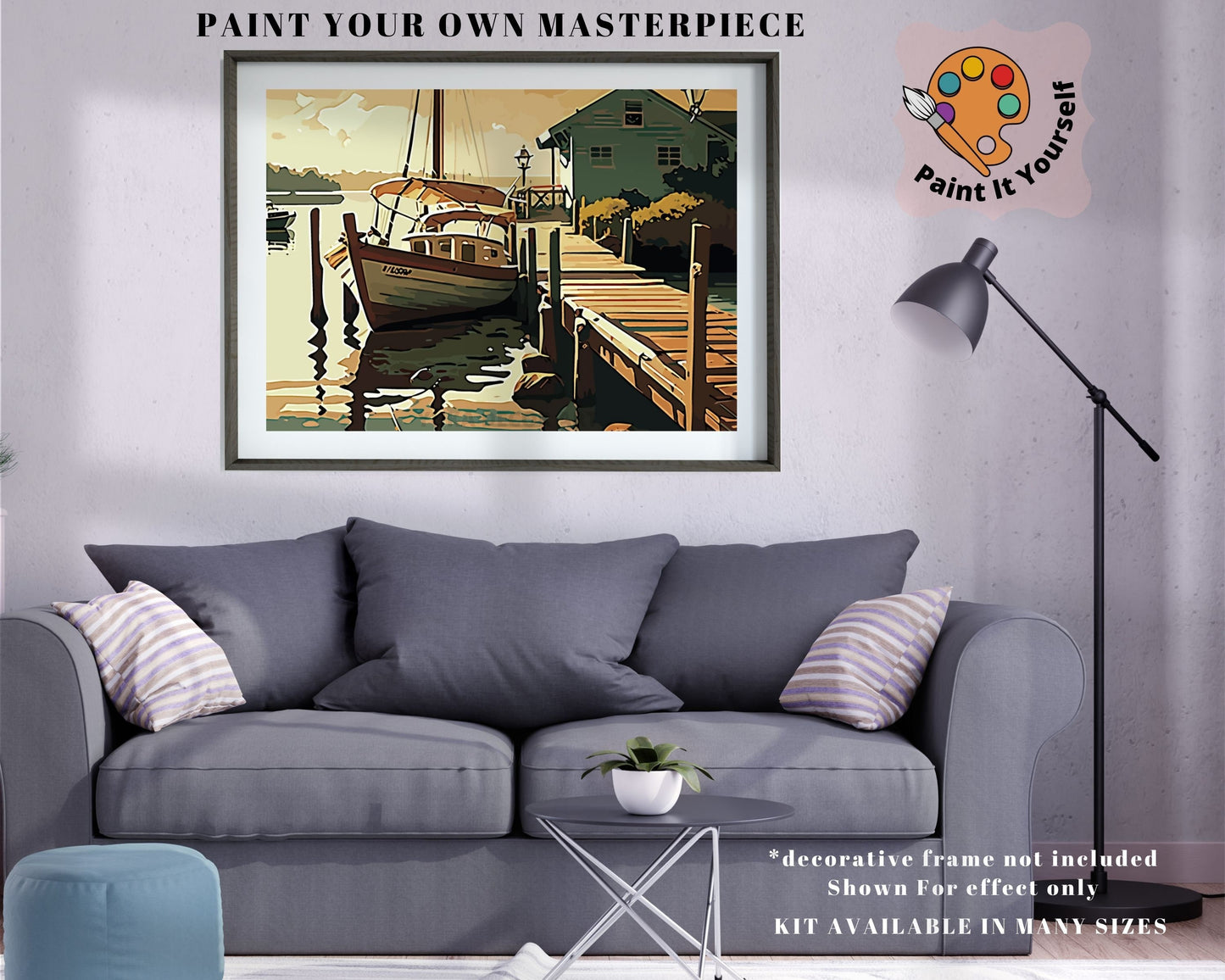 60's style PAINT by NUMBER Kit for Adult ,Boat Pier Rustic Boathouse on Sea,Sunset Sky , Easy Beginner Acrylic Painting Kit,Home Decor Gift