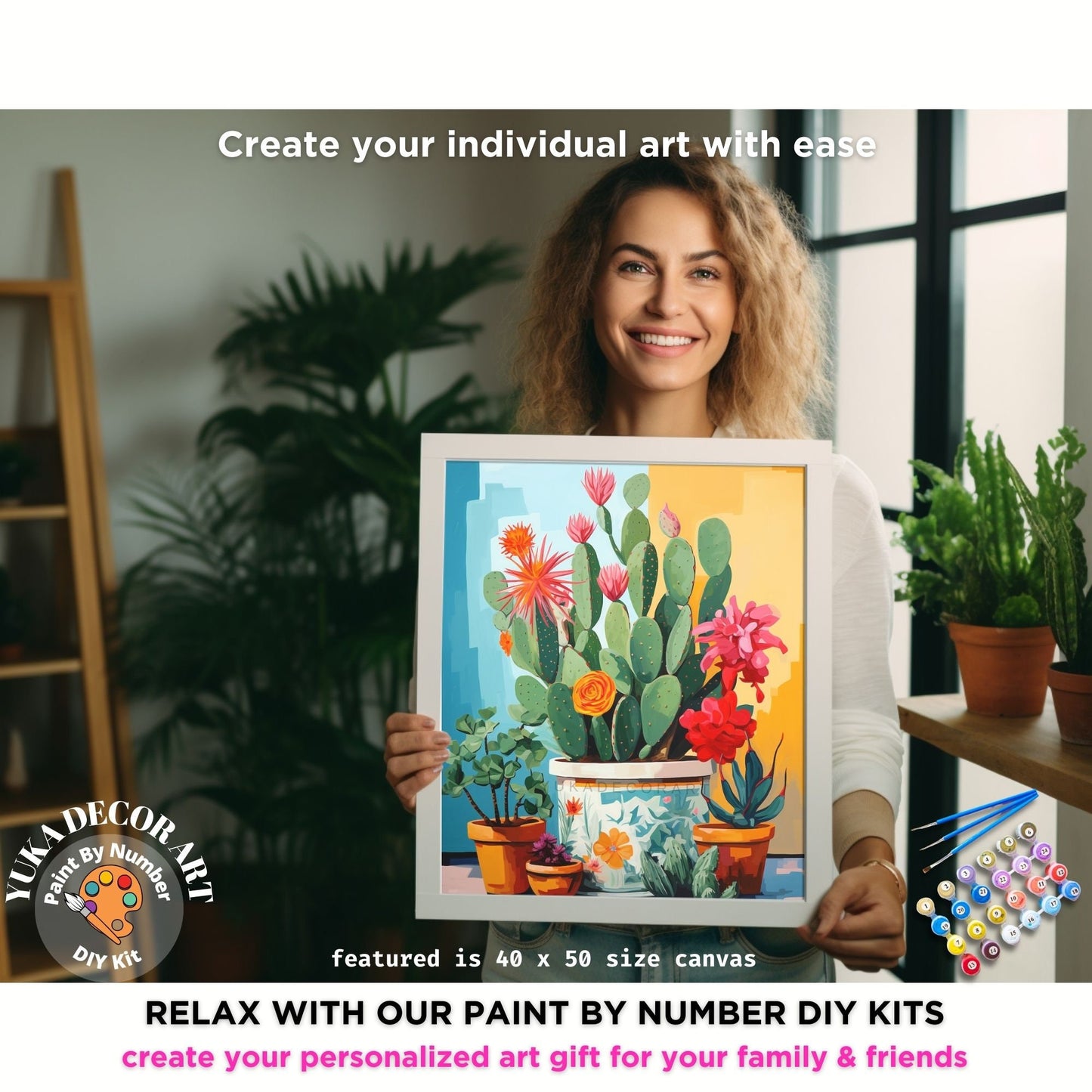 PAINT by NUMBERS Kit for Adults Minimalist Vibrant Cactus Art Easy Beginners Boho Colorful DIY Paint Kit Anniversary Gift