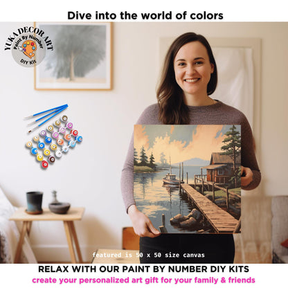 Lakeside Boat Vintage Style PAINT by NUMBER Kit Adult, Landscape Painting, Easy Beginner DIY Paint Kit, Lake Home Gift For Grandfather Dad