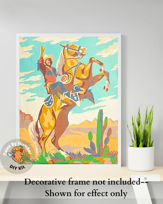 Vintage PAINT by NUMBER Kit Adult, Cowboy Desert Art ,Rodeo Bucking Horse ,  Easy Beginner Acrylic Painting DIY Kit,Vintage  Decor Gift