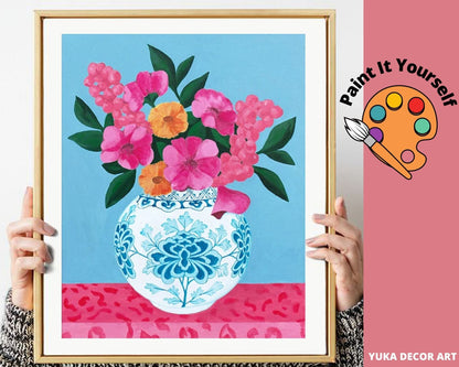 PAINT by NUMBER Kit Adult & Kids, Pink Flowers In Vase , Still Life Minimalist Art,Easy DIY Beginners Acrylic Paint Kit , Home Decor Gift