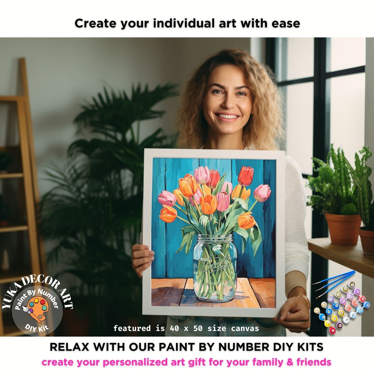 Pink Tulips PAINT by NUMBERS Kit for Adults Vase Of Flowers Still Life DIY Painting Easy Hobby Wall Art Mom Grandma Gift