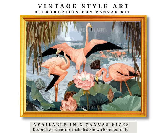 Pink Flamingo Vintage Style PAINT by NUMBER Kit  Adult , Lotus Lake DIY Paint Kit  , Easy Beginner Acrylic Painting,Home Decor Gift