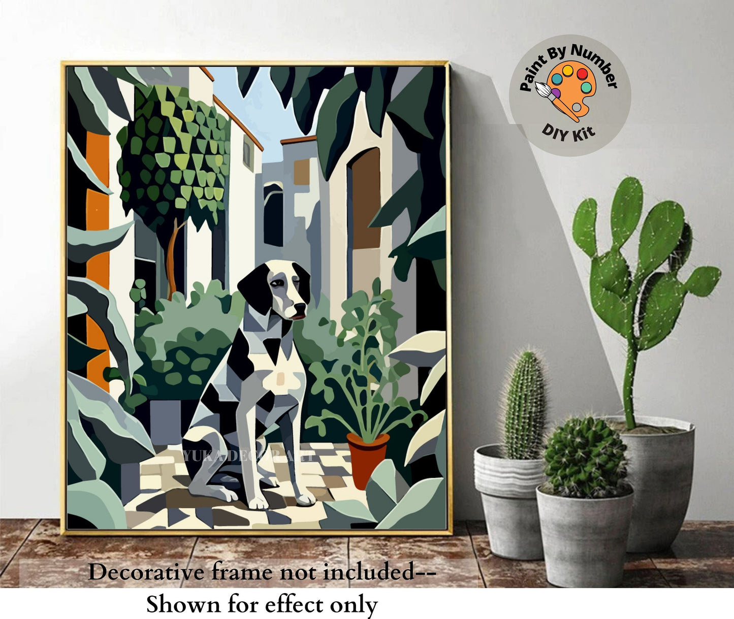 Modern PAINT by NUMBER Adult Kit ,Dog  In Courtyard , Foliage Plants ,Artist DIY Beginners Acrylic Paint Canvas Kit ,Wall Decor Gift