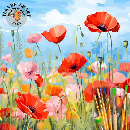 Poppy Flowers PAINT by NUMBER Kit for Adults Mountain Landscape Painting Easy Beginners Paint DIY Kit Wall Art Birthday Gift Mom Girlfriend