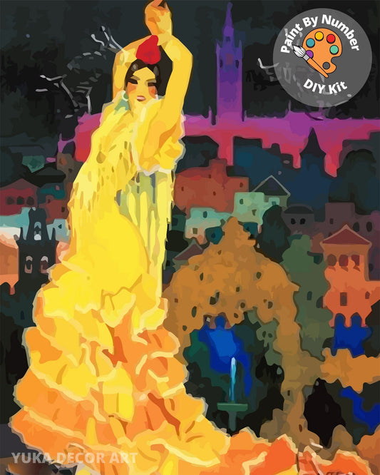 Flamenco Dancer PAINT by NUMBER Kit for Adult , DIY  Vintage Style Spain Poster Art , Easy Beginner Acrylic Painting Kit,Vintage Decor Gift
