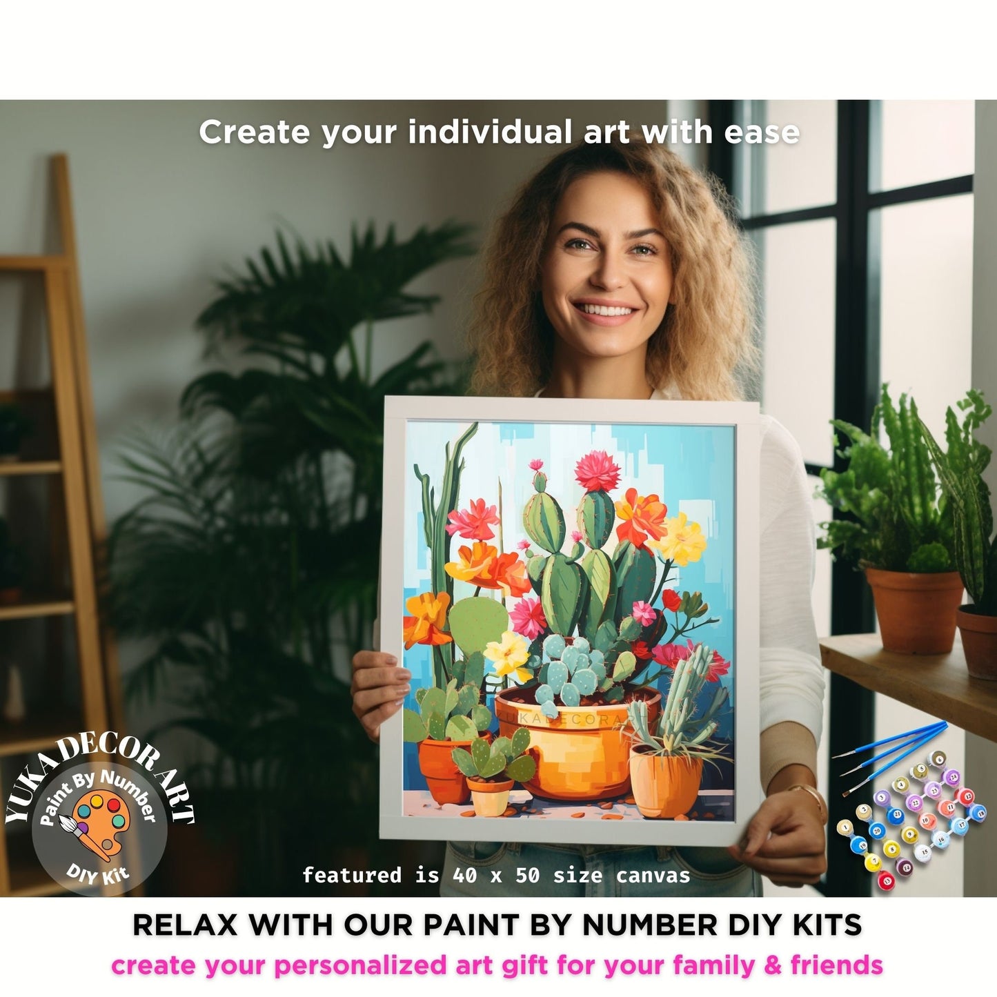 PAINT by NUMBERS Kit for Adults Minimalist Vibrant Cactus Art Easy Beginners Colorful DIY Paint Kit Anniversary Gift Mom Girlfriend Mom Aunt