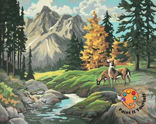 Nature Forest Vintage Style PAINT by NUMBER Kit Adult, Deers By Mountain Stream, Easy Beginner Acrylic Painting DIY Kit,Rustic Decor Gift
