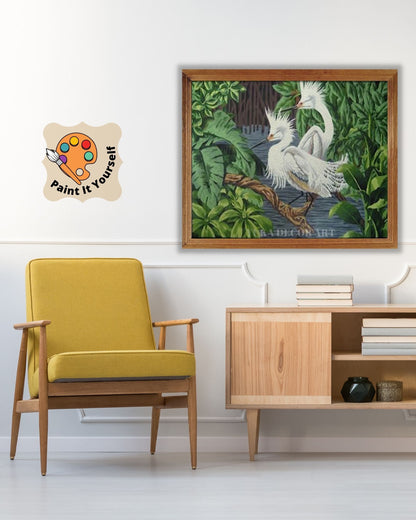 Vintage Style White Egret Birds PAINT by NUMBER Adult , Tropical Birds In Lake  ,  Easy Beginner Acrylic Canvas DIY Painting Kit