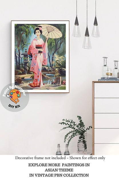 Geisha PAINT by NUMBER Kit Adult , Girl Scrolling With Umbrella, Japanese Garden Landscape , Easy DIY Beginners  Painting Kit , Mom Gift