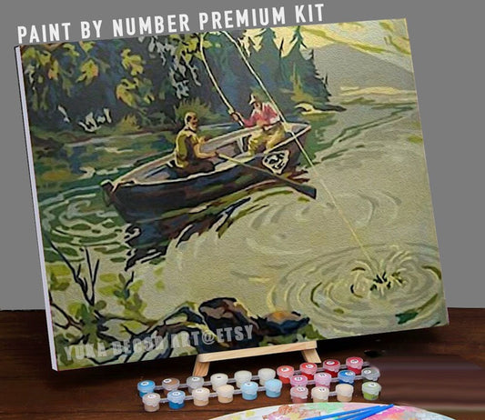Fishing In The Lake PAINT by NUMBER Kit  Adult , Forest River Vintage Style DIY Art , Easy Acrylic Painting Kit,Vintage Decor Gift