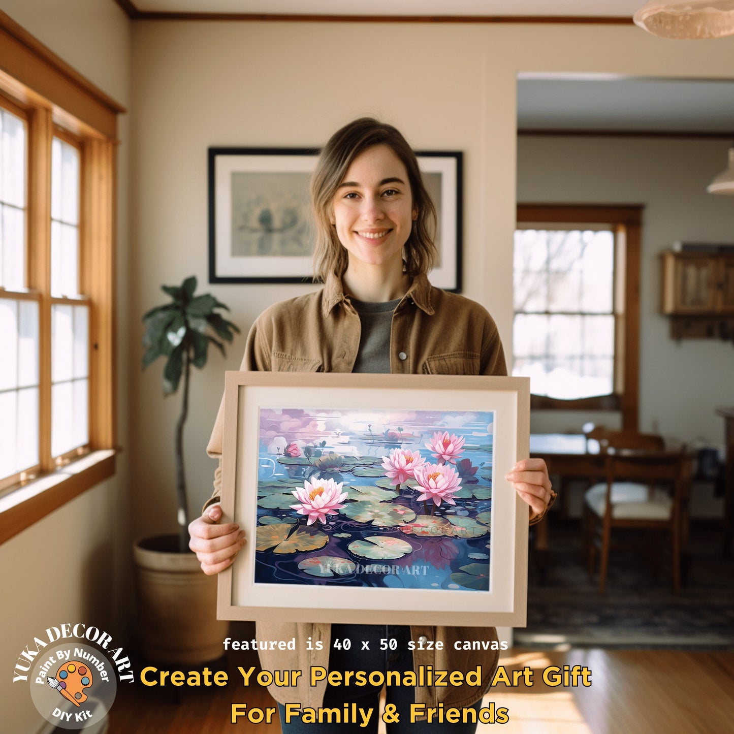 Pink Lilies PAINT by NUMBER Kit Adult Tropical Flowers Plants Pond l Minimalist Art Easy Beginner Painting DIY Kit Gift