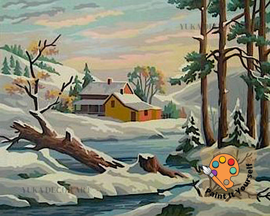 Winter Scene PAINT by NUMBER Kit for Adult , DIY Nature Vintage Style Art , Easy Beginner Acrylic Painting Kit,Vintage Decor Gift