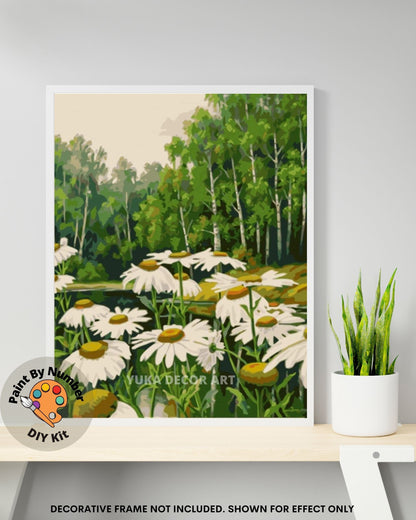 Daisy Flowers PAINT by NUMBERS Kit for Adult & Kids, Forest Mountain Scenic View ,Easy Beginner Acrylic Painting Kit,Wall Art , Hobby Gift