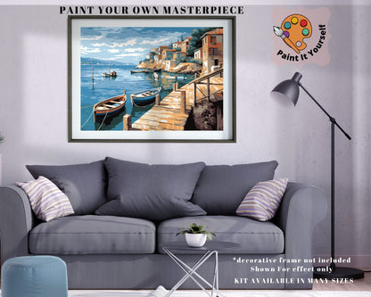 Seascape PAINT by NUMBER Kit for Adult , Rocky Cliff Village on Seashore ,Boat Scene, Easy Beginner Acrylic Painting Kit,Home Decor Gift