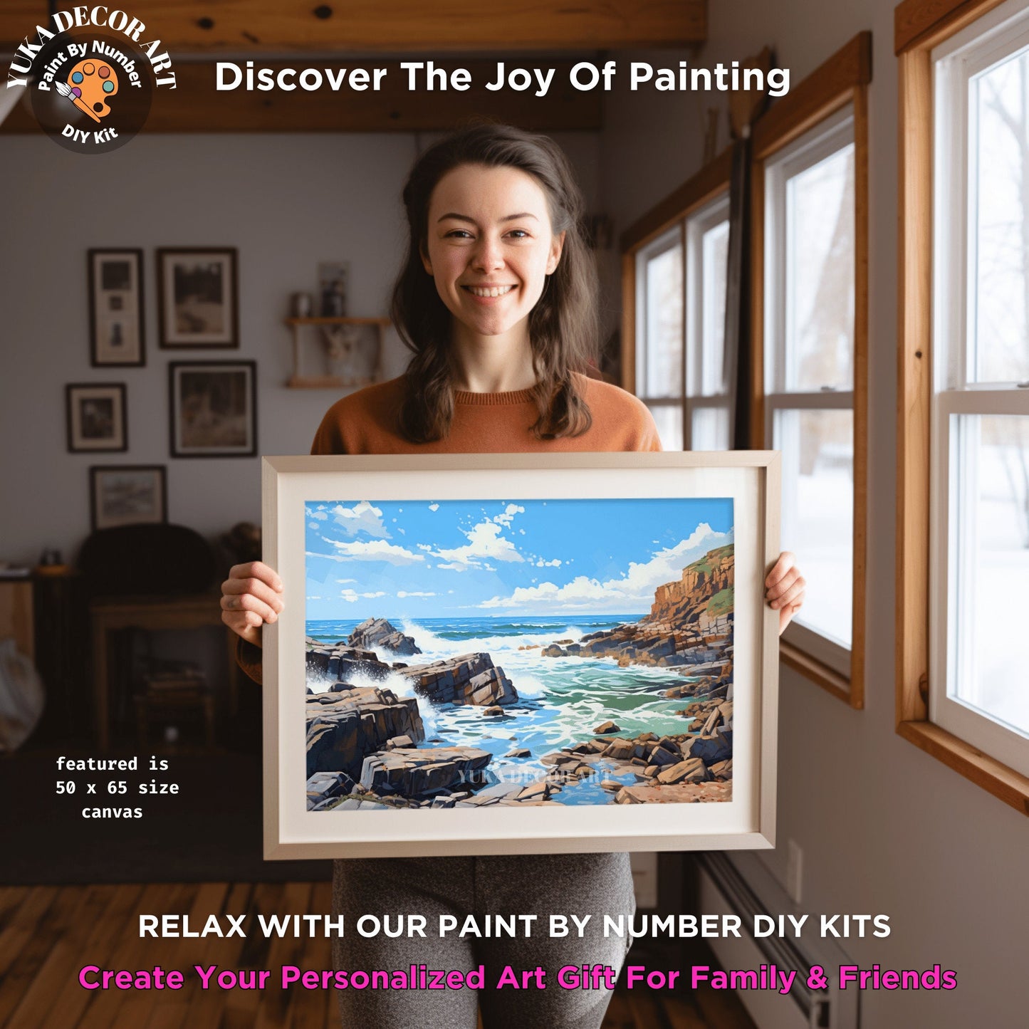 Rocky Seascape PAINT by NUMBER DIY Kit Adult Scenic Coastal Art Easy Beginner's Oil Painting Canvas Hobby Set Wall Art Gift For Dad Grandpa