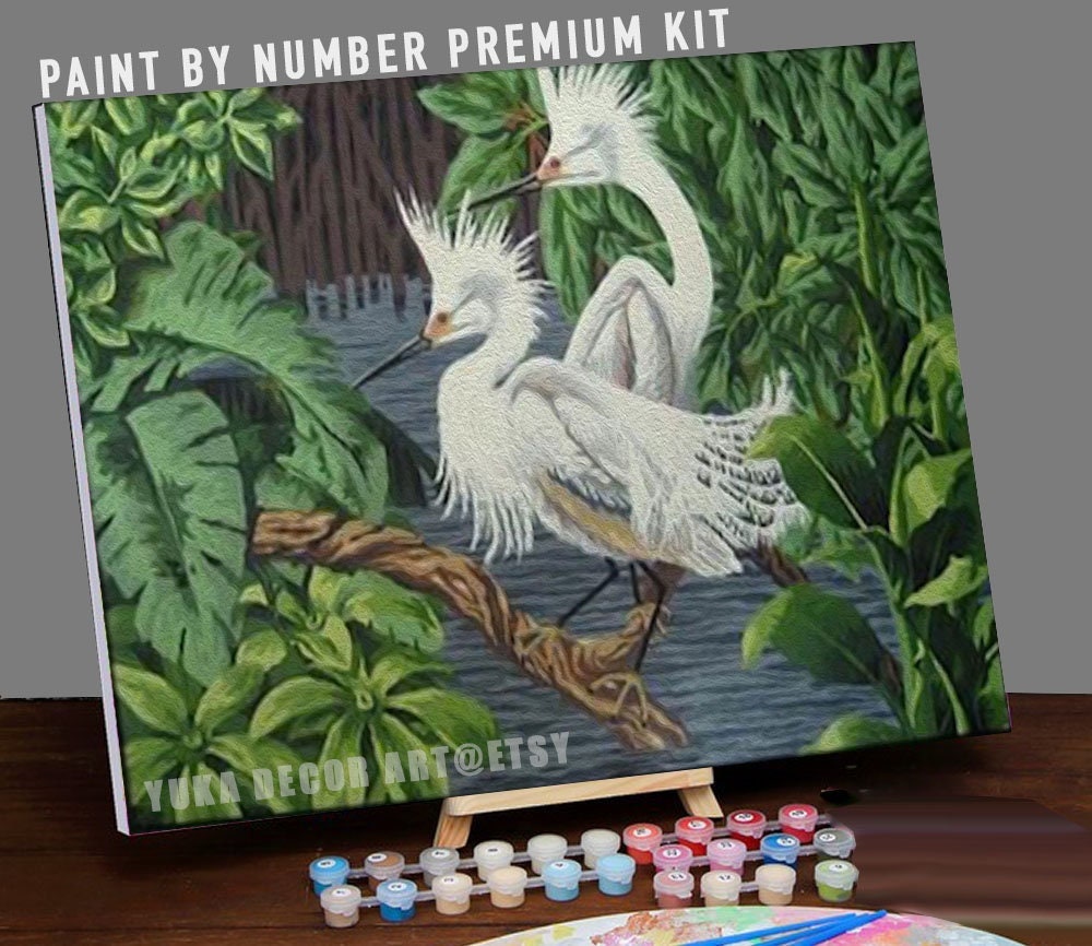 Vintage Style White Egret Birds PAINT by NUMBER Adult , Tropical Birds In Lake  ,  Easy Beginner Acrylic Canvas DIY Painting Kit