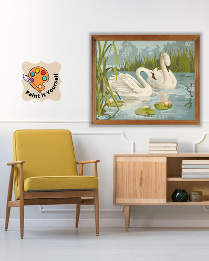 White Swans In Lake Garden PAINT by NUMBER Premium DIY Paint Kit Adult , Vintage Style Easy Beginner Acrylic Painting,Christmas  Gift