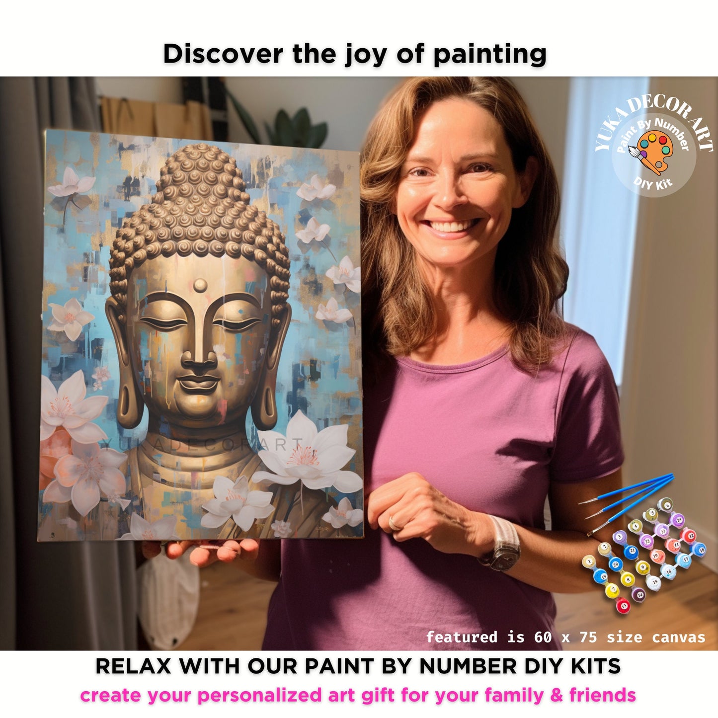 PAINT by NUMBERS Kit For Adults Buddha Gold Statue Pink Lotus Flower DIY Acrylic Painting Kit Zen Meditation Asian Theme Home Decor Gift Mom