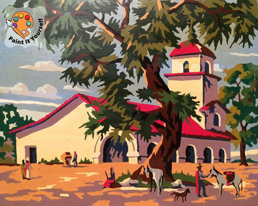Countryside Hacienda PAINT by NUMBER Kit for Adult , Mid Century DIY Nature Vintage Style Art , Easy Acrylic Paint Kit,Vintage Decor Gift