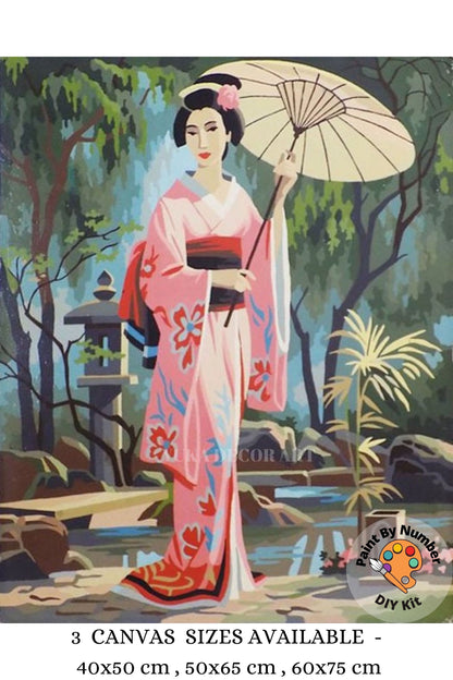 Geisha PAINT by NUMBER Kit Adult , Girl Scrolling With Umbrella, Japanese Garden Landscape , Easy DIY Beginners  Painting Kit , Mom Gift