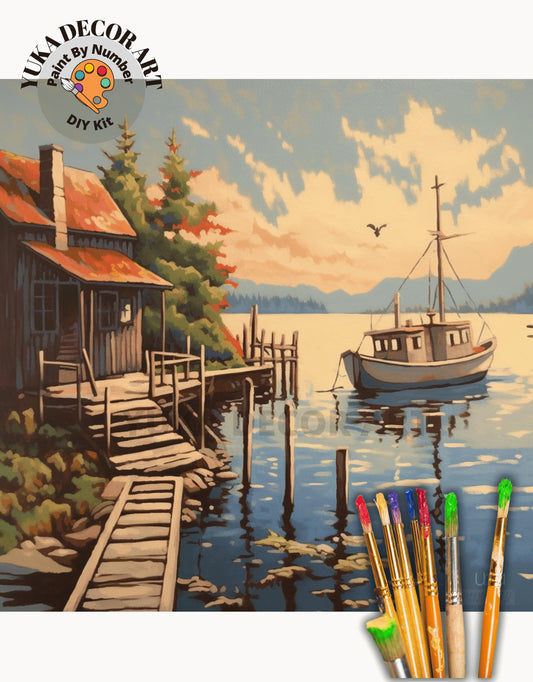 PAINT by NUMBER Kit Lakeside Sunset Scenery Vintage Style Painting, Easy Beginner DIY Paint Adult Kit, Vacation Home Decor Gift For Friend
