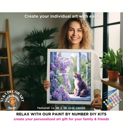 PAINT by NUMBERS Kit  Adults Cat In Window Flower Garden Easy Beginners Pastel Colors DIY Paint Kit Wall Art Gift For Mom