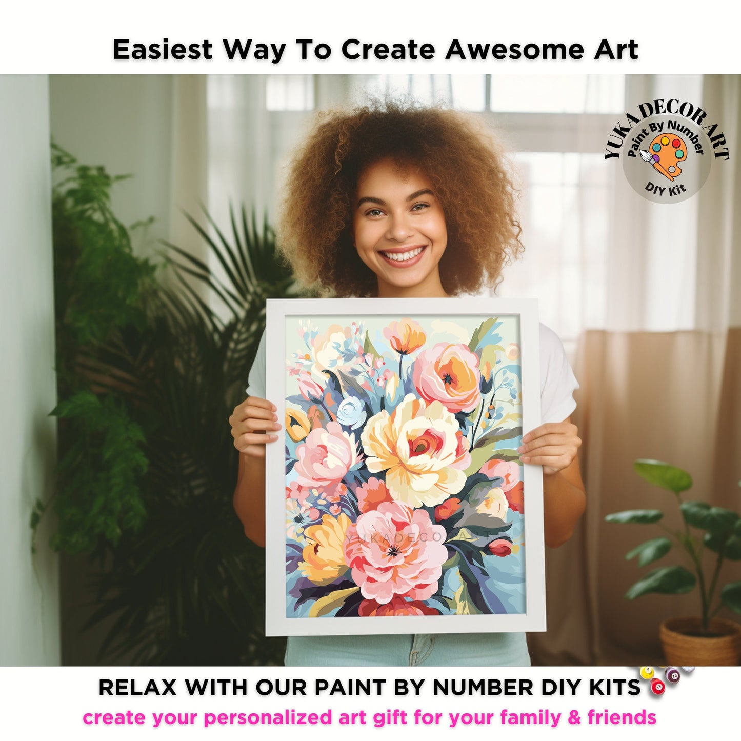 PAINT by NUMBERS Diy Kit Adult Garden Peach Flowers Colourful Wall Art Easy Beginner Acrylic Painting Kit Grandma Mom Gift