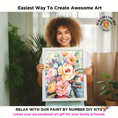 PAINT by NUMBERS Diy Kit Adult Garden Peach Flowers Colourful Wall Art Easy Beginner Acrylic Painting Kit Grandma Mom Gift