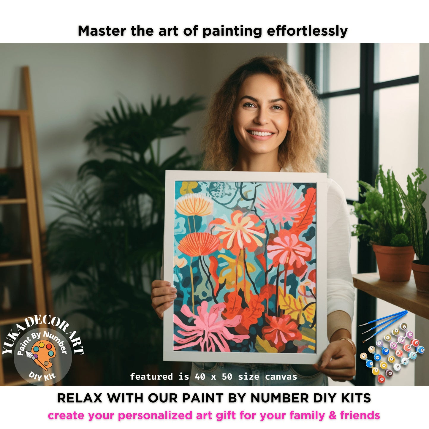 Retro Flowers PAINT by NUMBER DIY Kit Adult Abstract Floral Vibrant Canvas Art Easy Beginner Hobby Kits Custom Decor Gift For Mom Dad Aunt
