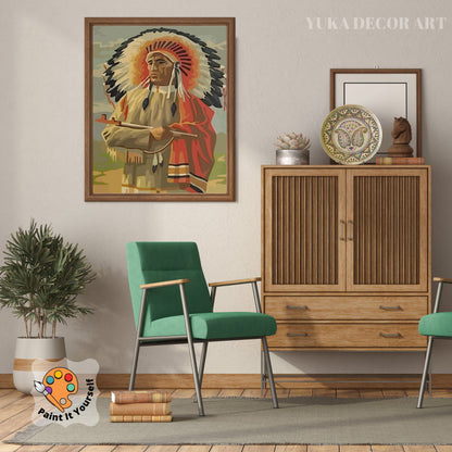 Vintage Style PAINT by NUMBER DIY Kit for Adult , Native American Portrait Painting, Easy Beginner Reproduction Canvas Kit,Wall Art Gift