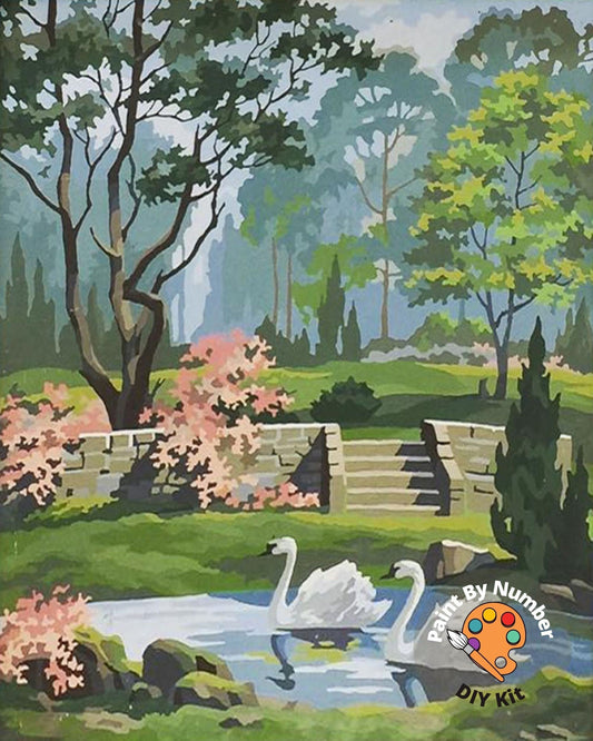 Vintage Style PAINT by NUMBER Kit Adult, Swans in Lake, Mist Pink Flowers, Easy Beginner Acrylic Painting DIY Kit,Vintage Rustic Decor Gift