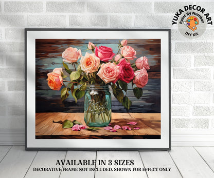 PAINT by NUMBER DIY Kit Adult Garden Roses Red Pink Flowers Rustic Decor Easy Beginner Acrylic Paint Wall Art Birthday Gift Mom Girlfriend