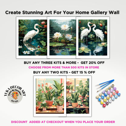 Vintage Style PAINT by NUMBER Kit For Adults White Birds In Lake Lilies Flowers DIY Painting Easy Beginners Paint Kit Garden Lover Art Gift