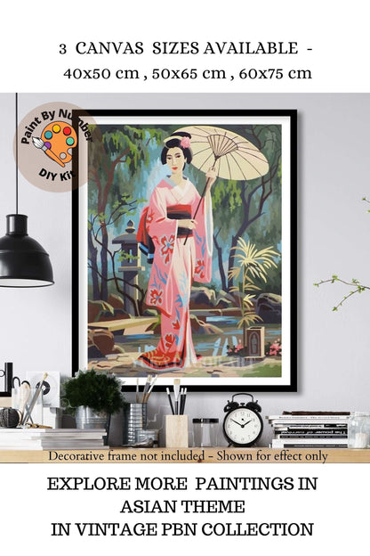 Geisha PAINT by NUMBER Kit Adult , Girl Scrolling With Umbrella, Japanese Garden Landscape , Easy DIY Beginners  Painting Kit , Mom Gift