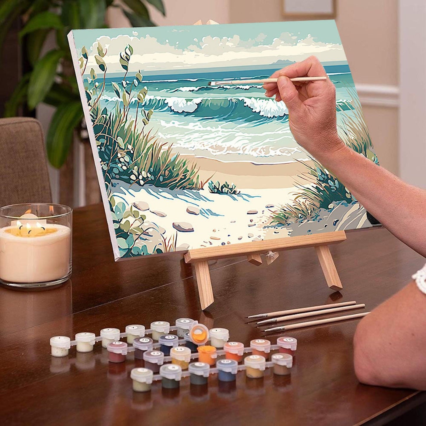 Sand Beach PAINT by NUMBERS Kit for Adult Kids Seashore Waves Island DIY Painting Easy Beginner Acrylic Painting Kit Seascape Home Decor Art