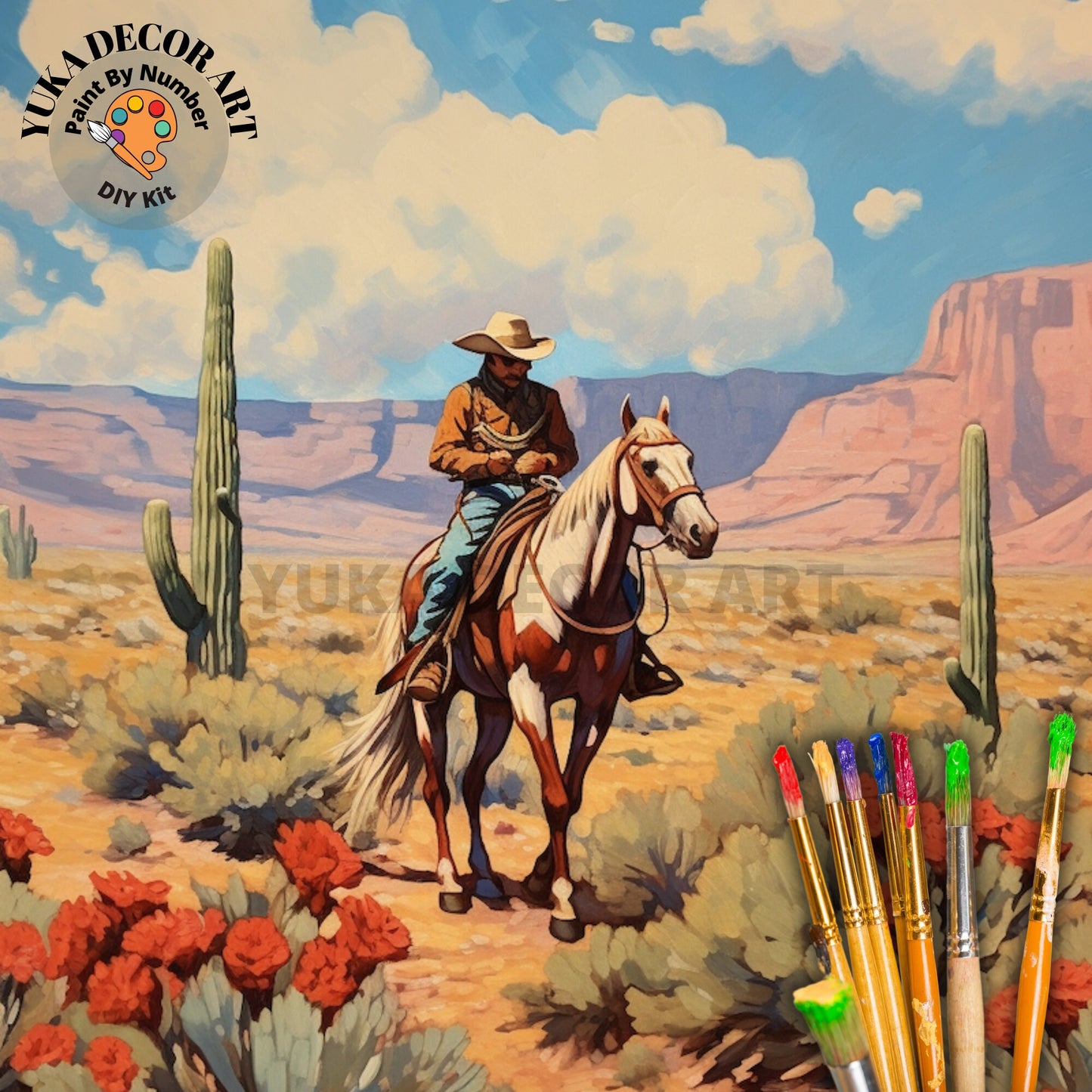 MidWest Desert Art PAINT by NUMBER Kit Adult Painting DIY Vintage Rustic Cabin Wall Art Saguaro Cactus Cowboy Style  Birthday Gift For Dad