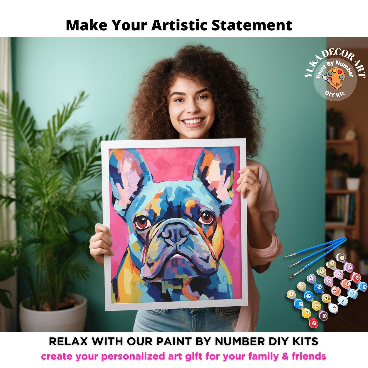 Colorful Dog PAINT by NUMBER Kit Adult , Pet Pug Portrait , Easy Beginner Acrylic Painting DIY Kit , Gift For Mom Dad