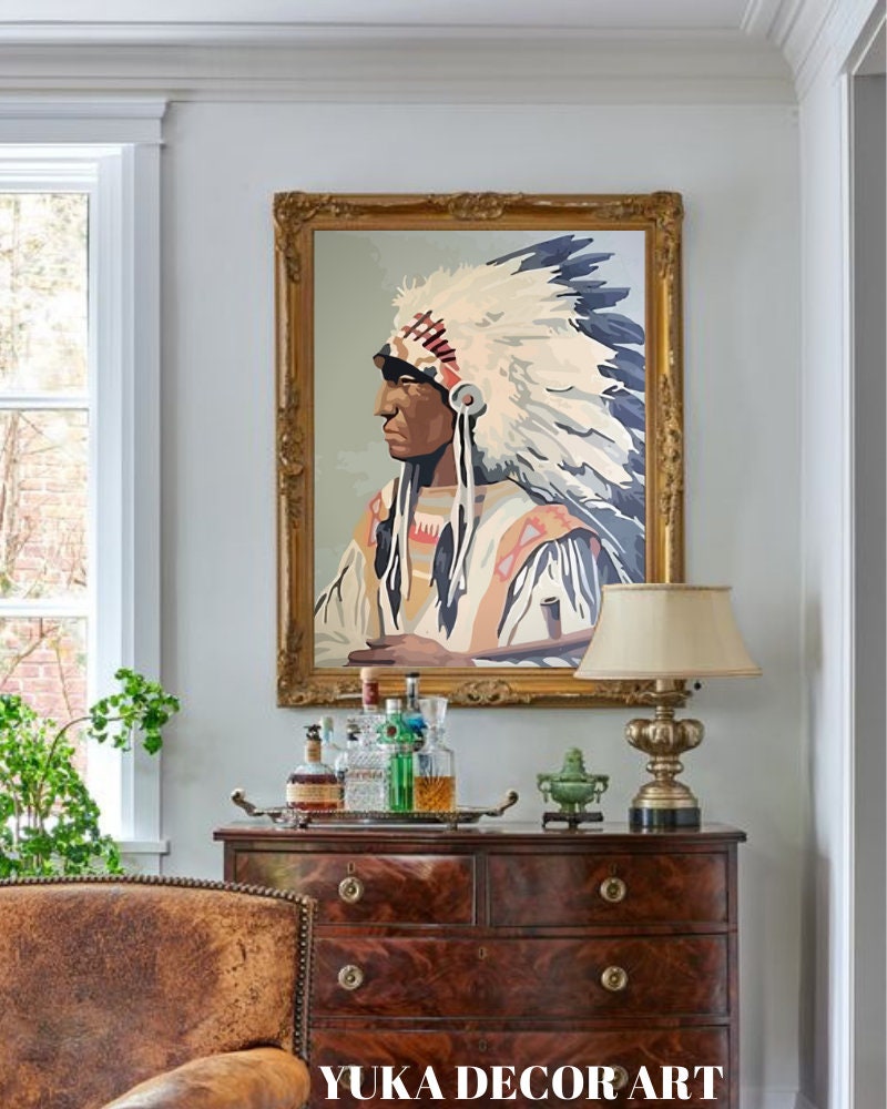 Red Indian PAINT by NUMBER DIY Kit for Adult , Native American Vintage Style Art , Easy Beginner Acrylic Paint Kit,Wall Art Gift
