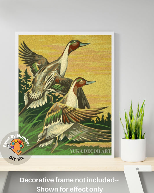 Beautiful Birds PAINT by NUMBER DIY Kit Adult Vintage Style , Mallard Birds Yellow Sunset  , Easy Beginner Acrylic Painting,Home Decor Gift