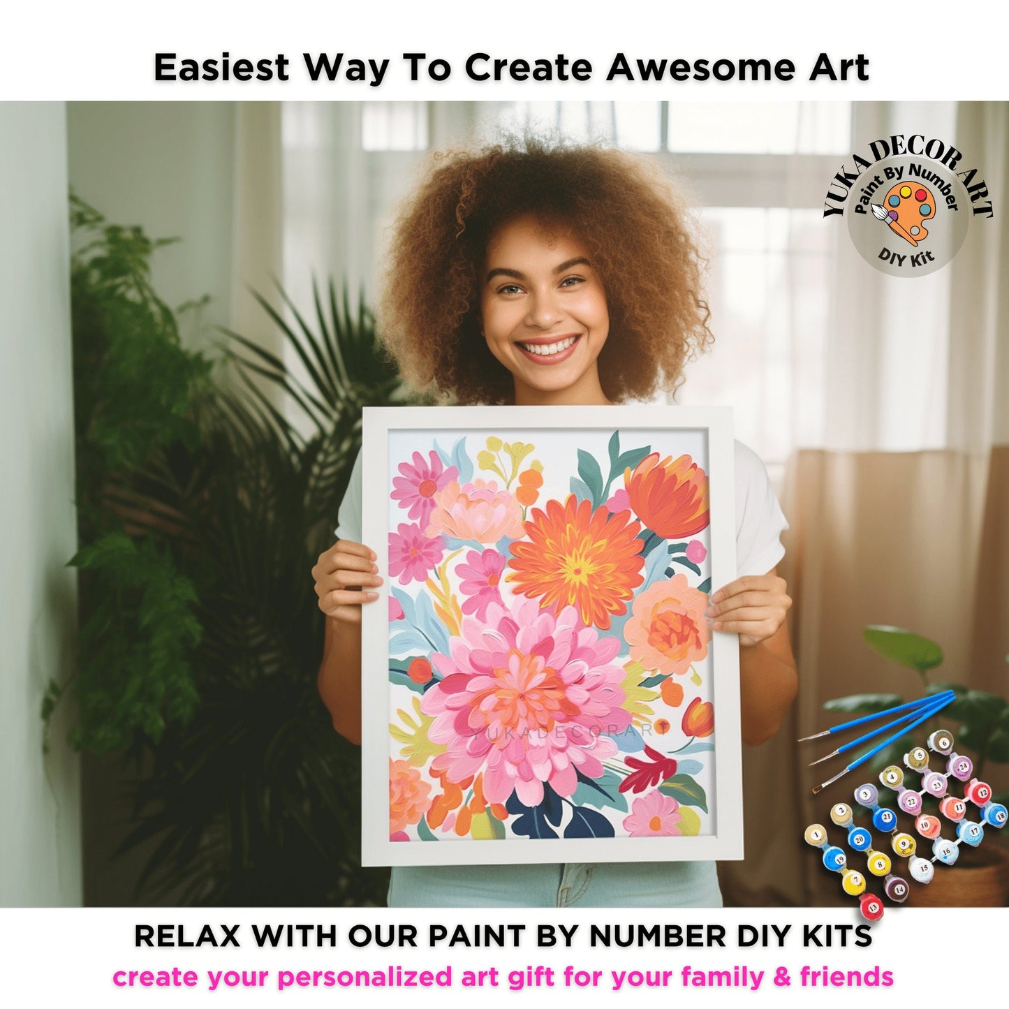 Floral Garden PAINT by NUMBERS Kit Adult Pastel Pink Flowers Easy Beginner Modern Art DIY Paint Kit Hobby Home Decor Gift For Mom Girlfriend