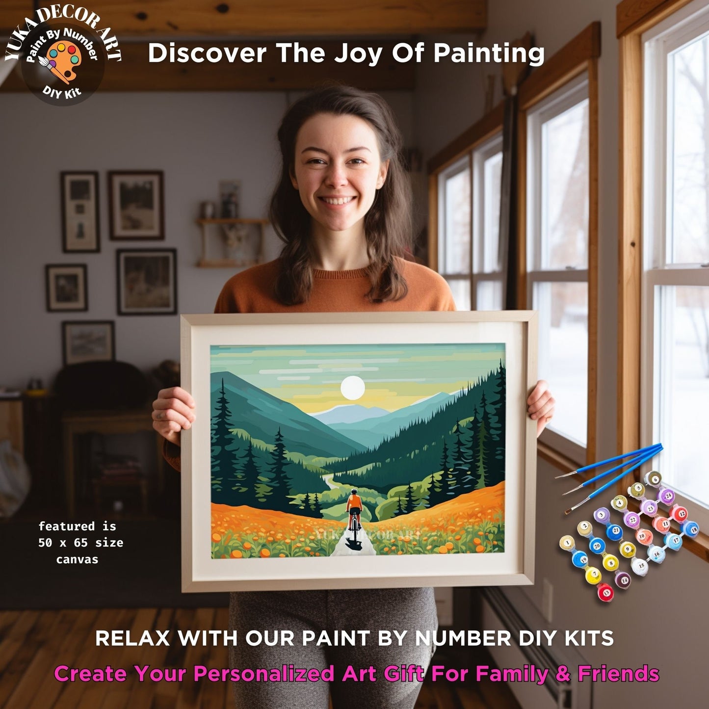 Adult PAINT by NUMBERS Kit Cyclist In Mountain Valley Landscape Minimalist DIY Art Easy Beginner Painting Birthday Custom Gift Mom Sister