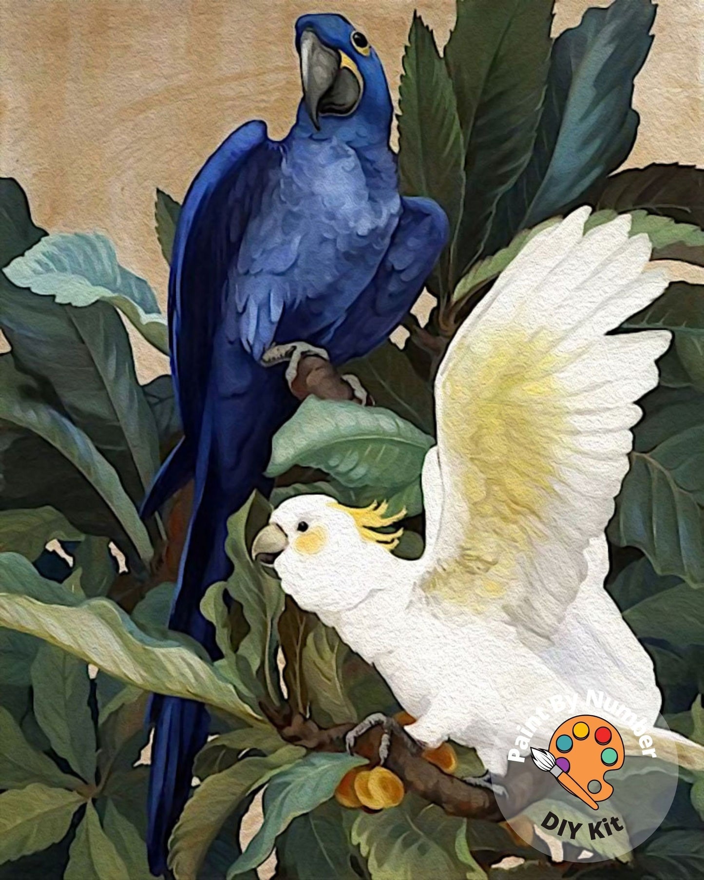 Vintage Style  PAINT by NUMBER Premium DIY Paint Kit Adult ,White Cockatoo Birds In Tropical Garden  , Easy Beginner Painting Gift