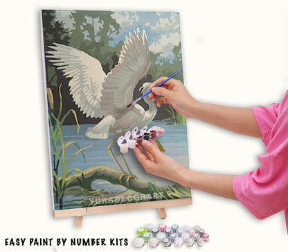 White Egret Bird Vintage PAINT by NUMBER Kit Adult , DIY Vintage 1960s Style Paint Kit ,  Beginner Acrylic Canvas Painting Kit