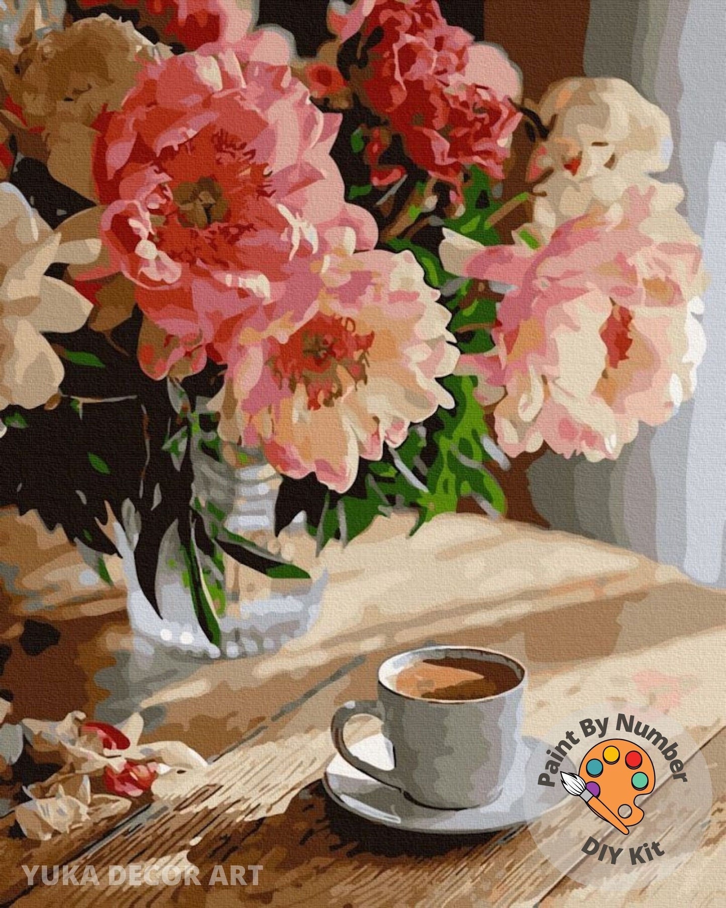 Pink Peach Peonies Paint by Number Kit Adult, Flowers Still Life Painting,Easy Beginner Acrylic Paint Kit, Gift For Mom, Home Decor Gift