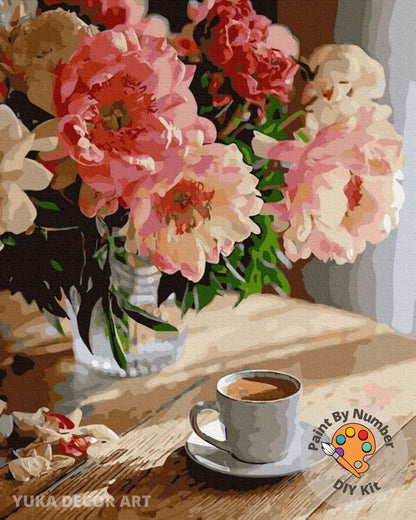 Pink Peach Peonies Paint by Number Kit Adult, Flowers Still Life Painting,Easy Beginner Acrylic Paint Kit, Gift For Mom, Home Decor Gift