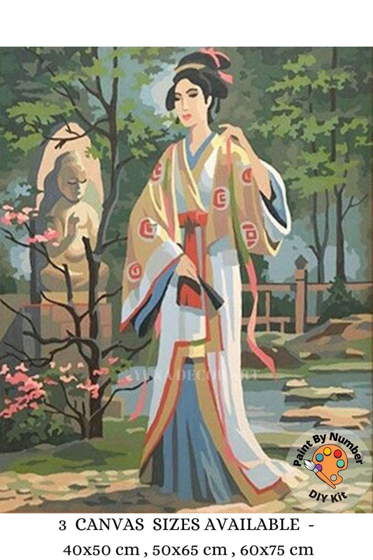 Oriental Woman Vintage PAINT by NUMBER  Adult , Japanese  Buddha Garden Landscape , Easy DIY Beginners  Painting Kit , Wall decor  Gift