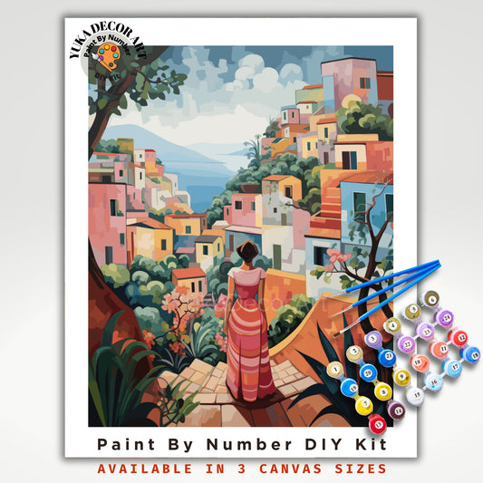 PAINT by NUMBER Kit Adult Mediterranean Landscape Woman Art Minimalist Style DIY Painting Easy Beginners Acrylic Paint Kit Premium Art Gift