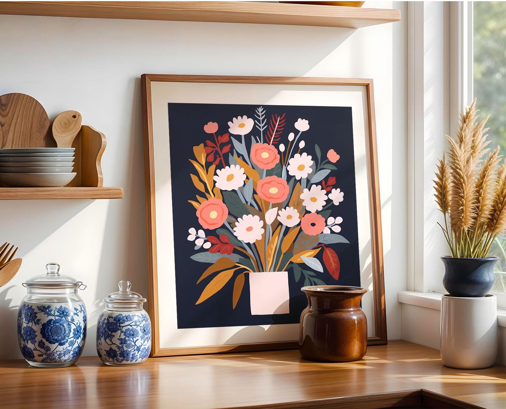 a picture of a vase of flowers on a shelf
