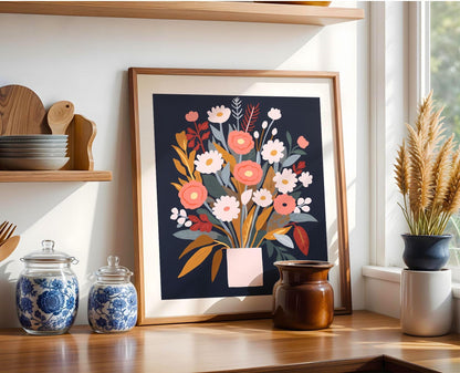 a picture of a vase of flowers on a shelf